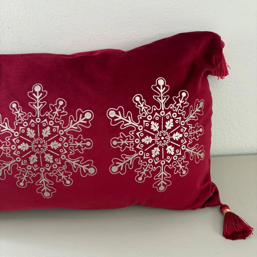 Burgundy Red Velvet Snowflake Lumbar Pillow Silver Metal Tassels 20x12 Holiday